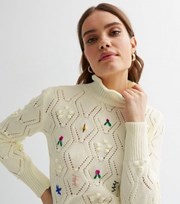 New Look Off White Embroidered Knit Frill Neck Long Sleeve Jumper